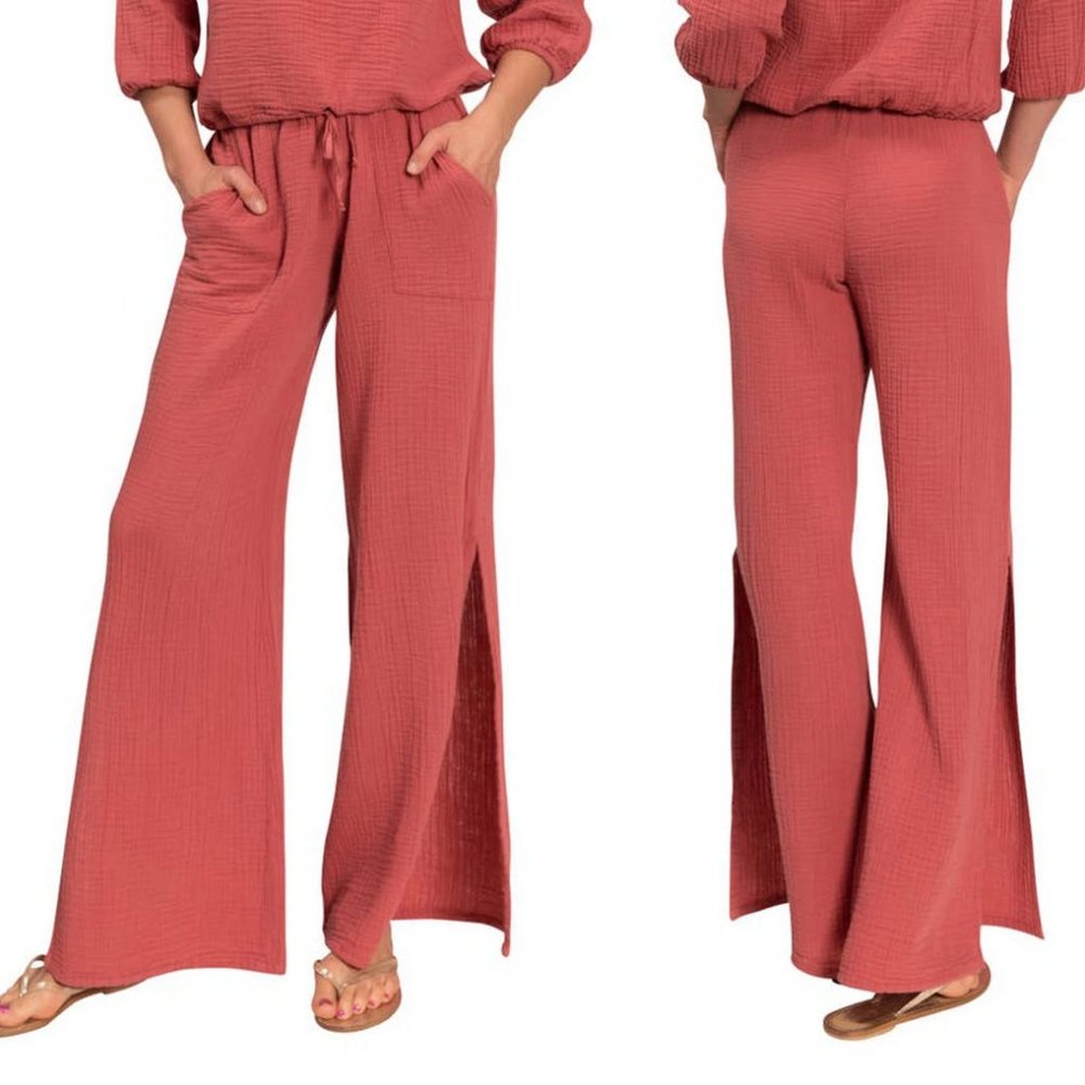 EVERYDAY RITUAL Riley Slit Wide-Leg Cotton Gauze Pants Sz XXL